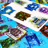 fantasy plastic sticker set featuring magical cabinets, glowing bookshelves, potion cupboards and celestial library illustrations in blue, purple and green tones. UK cute stationery, sticker shop.