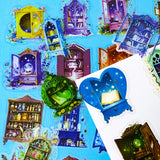 fantasy plastic sticker set featuring magical cabinets, glowing bookshelves, potion cupboards and celestial library illustrations in blue, purple and green tones. UK cute stationery, sticker shop.