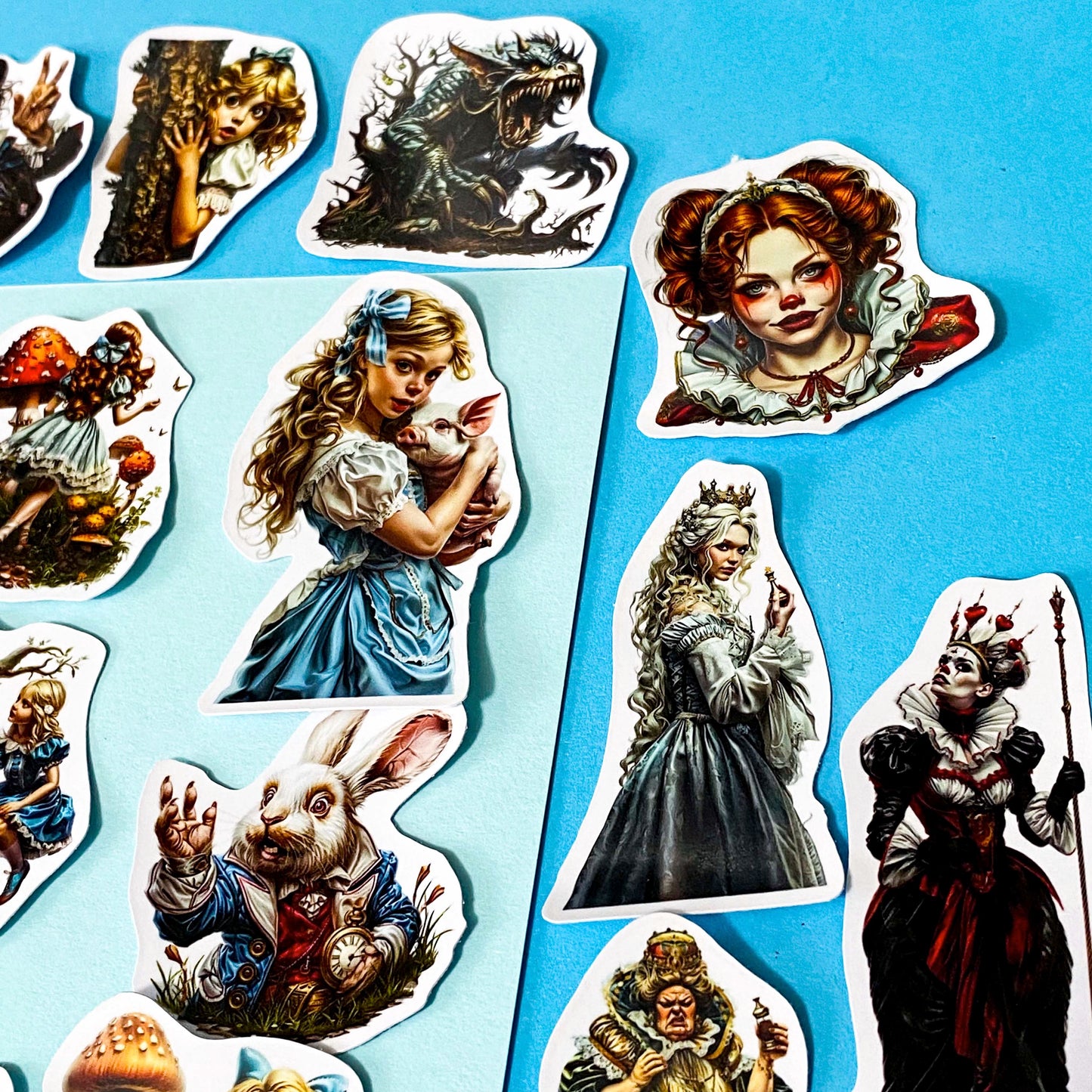 alice in wonderland inspired alternative twisted, dark vinyl sticker set of 20, satin finish, featuring the mad hatter, the red queen, alice, the white rabbit, mushrooms, and a frog footman. UK cute sticker shop.
