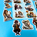 alice in wonderland inspired alternative twisted, dark vinyl sticker set of 20, satin finish, featuring the mad hatter, the red queen, alice, the white rabbit, mushrooms, and a frog footman. UK cute sticker shop.