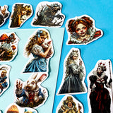 alice in wonderland inspired alternative twisted, dark vinyl sticker set of 20, satin finish, featuring the mad hatter, the red queen, alice, the white rabbit, mushrooms, and a frog footman. UK cute sticker shop.