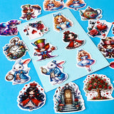 alice in wonderland inspired vinyl satin sticker set of 20 with cute kawaii illustrations featuring mad hatter, cartoon style red queen of hearts, pocket watch, white rabbit, cheshire cat, alice and playing card designs. UK cute stationery and sticker shop.