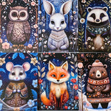 beautiful floral woodland animal animals creature post card postcards cards uk winter christmas greetings stationery supplies shop store fox deer owl badger mouse hare rabbit bear owl ornate foliage dark blue green 