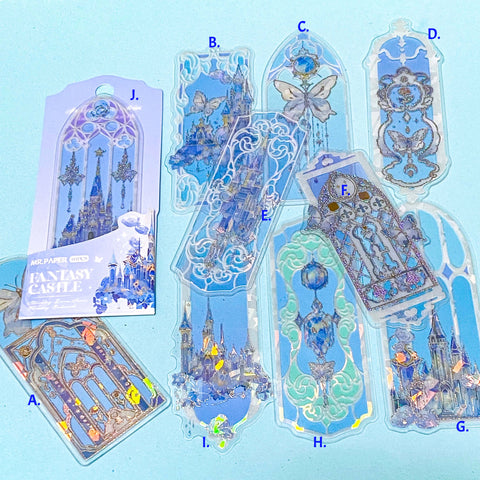holographic blue window plastic bookmarks with butterflies and princess castles on a blue background
