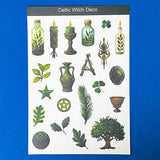 Sheet of Celtic Witch Deco stickers with various symbols and plants on a blue background.