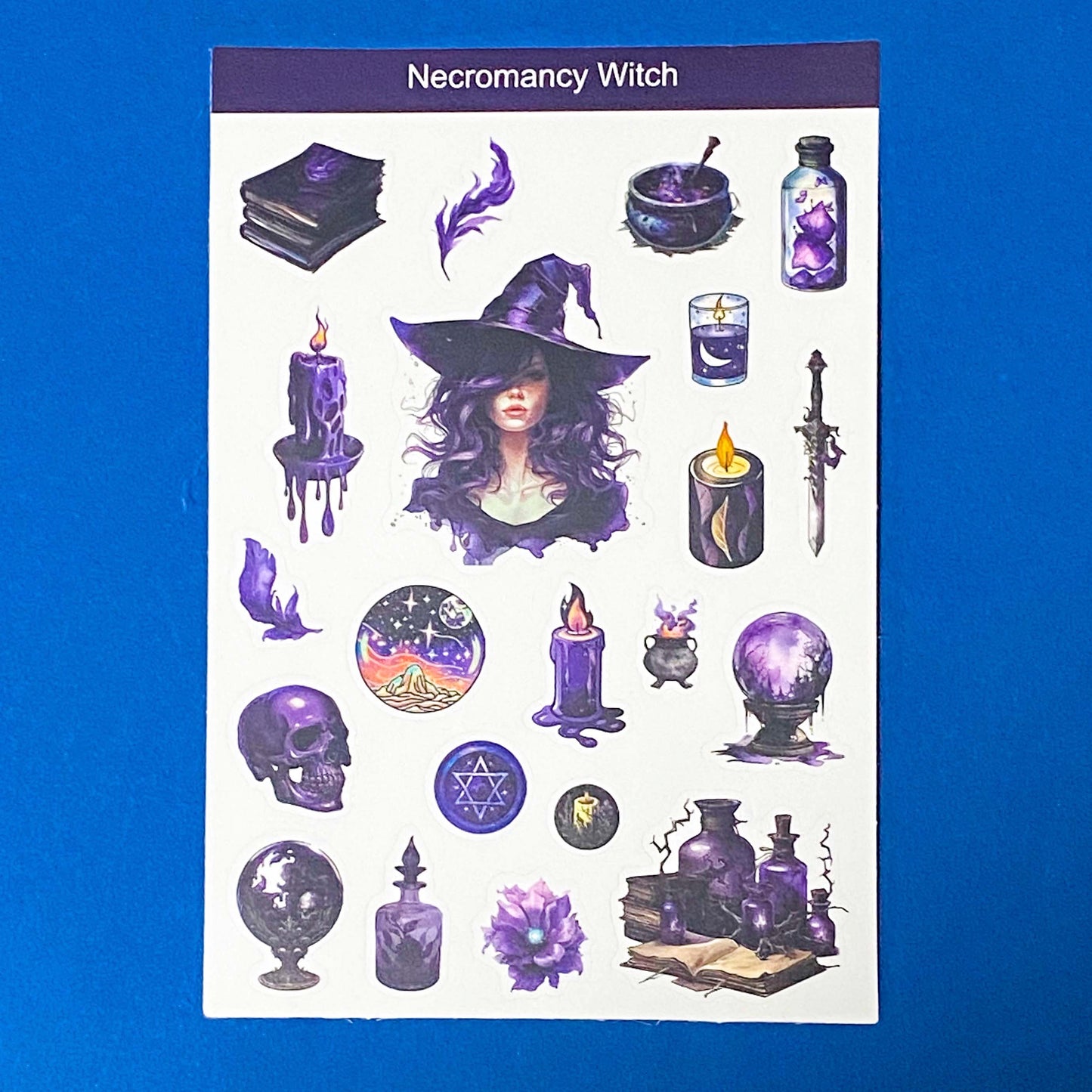 Sheet of 'Necromancy Witch' themed stickers with various mystical illustrations on a white background.