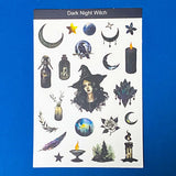Sheet of 'Dark Night Witch' flat stickers with various designs on a blue background.
