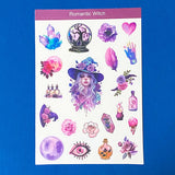 Sheet of 'Romantic Witch' themed temporary tattoos on a blue background