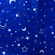 deep rich blue tissue paper sheets with silver stars and moons in a celestial theme. pretty packaging supplies uk. star and moon design gift wrap.