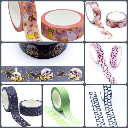 halloween washi tape tapes 10m rolls big long uk cute kawaii craft supplies stationery shop store pink bat bats ghost ghosts spooky floral dark black old foil foiled tapes autumn 