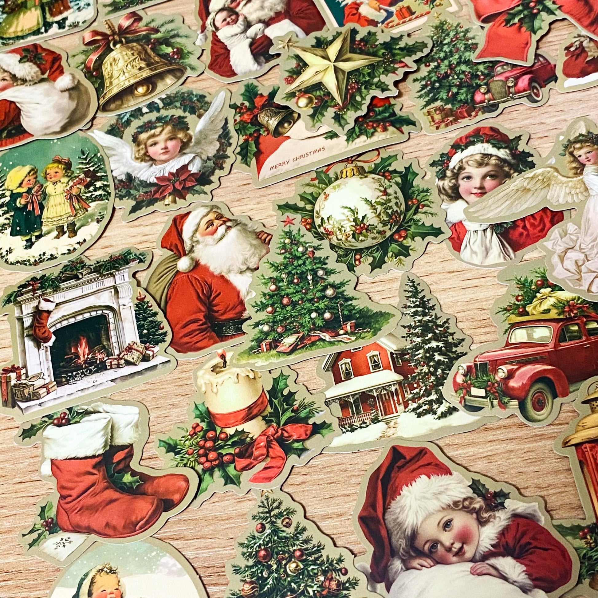 a victorian vintage retro christmas festive laptop sticker stickers set k cute kawaii red green white sepia stationery gift gifts matte satin old fashioned seals santa car tree trees present angel angels girl children bauble star snow globe