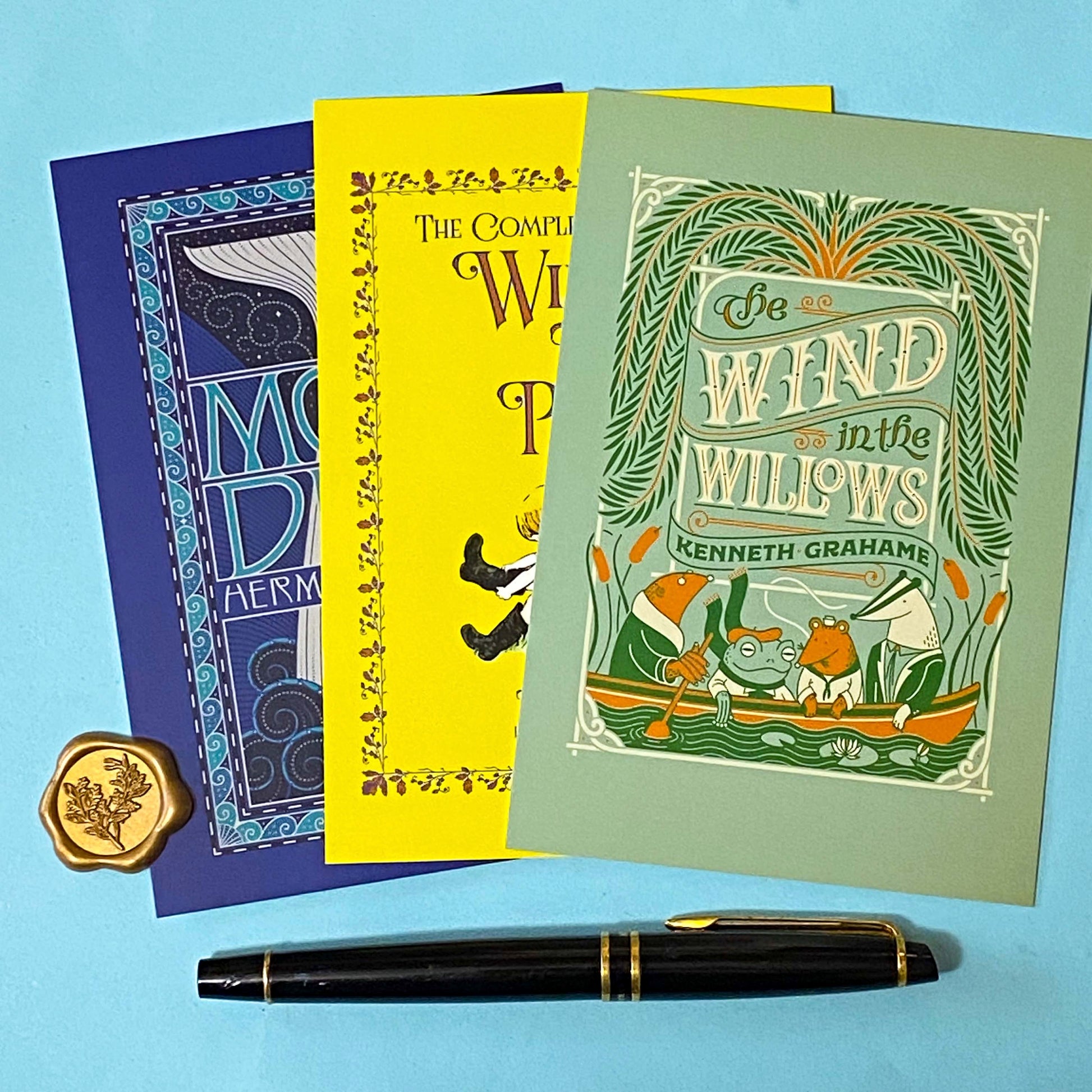 set of 3 vintage storybook cover postcards including winnie the pooh, moby dick and wind in the willows