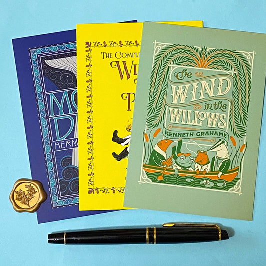 set of 3 vintage storybook cover postcards including winnie the pooh, moby dick and wind in the willows