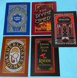 set of 5 vintage literary postcards featuring gothic book covers including dracula, sherlock holmes, dante divine comedy, edgar allan poe on a blue background