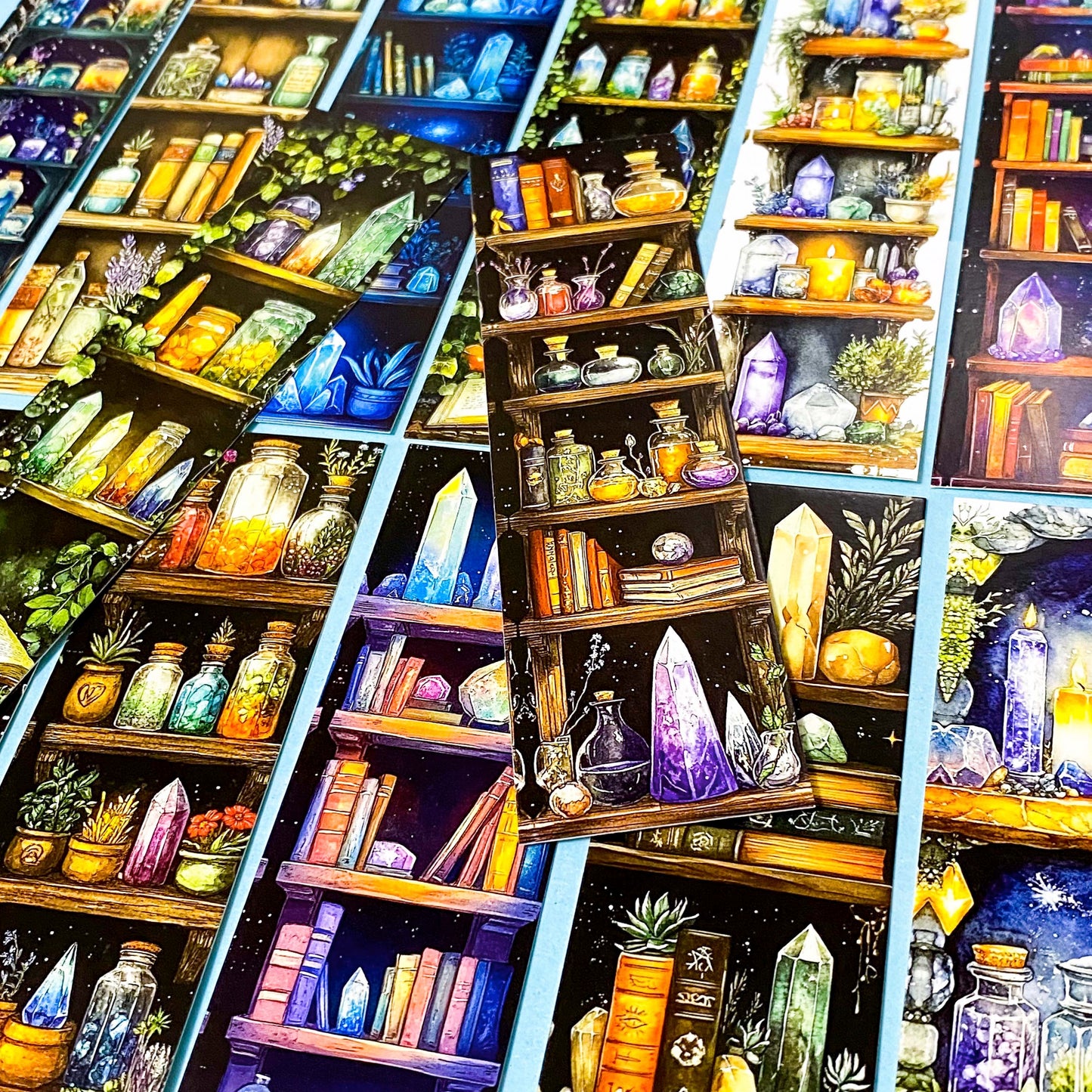 set of witchy bookmarks with botanical shelves, greenery, crystals, and earthy magic illustrations