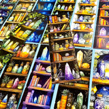 set of witchy bookmarks with botanical shelves, greenery, crystals, and earthy magic illustrations