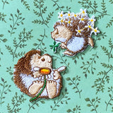 cute kawaii hedgehog hedgehogs fabric embroidered patch patches applique appliques iron on iron-on decoration embellishment uk craft supplies shop daisy daisies floral flowers white brown green