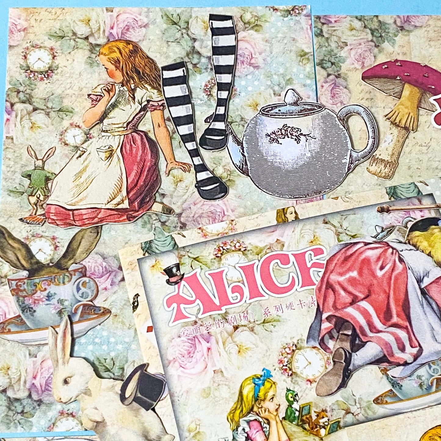 vintage alice in wonderland paper ephemera with floral backgrounds and character illustrations for journalling