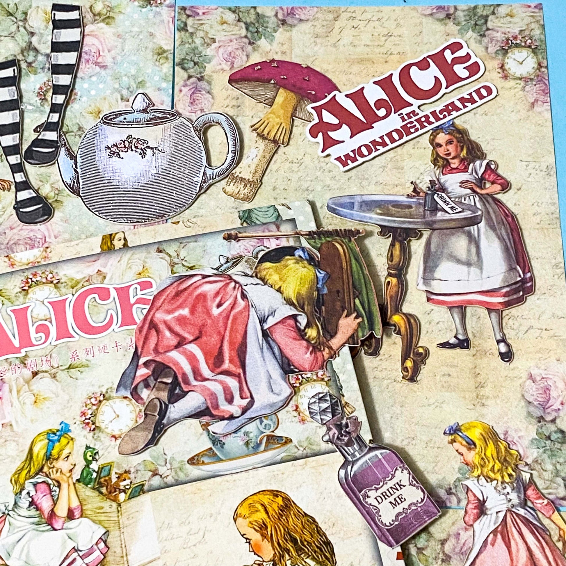 vintage alice in wonderland paper ephemera with floral backgrounds and character illustrations for journalling