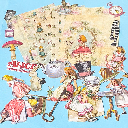 alice in wonderland ephemera pack with vintage paper sheets and die cut illustrations on blue background