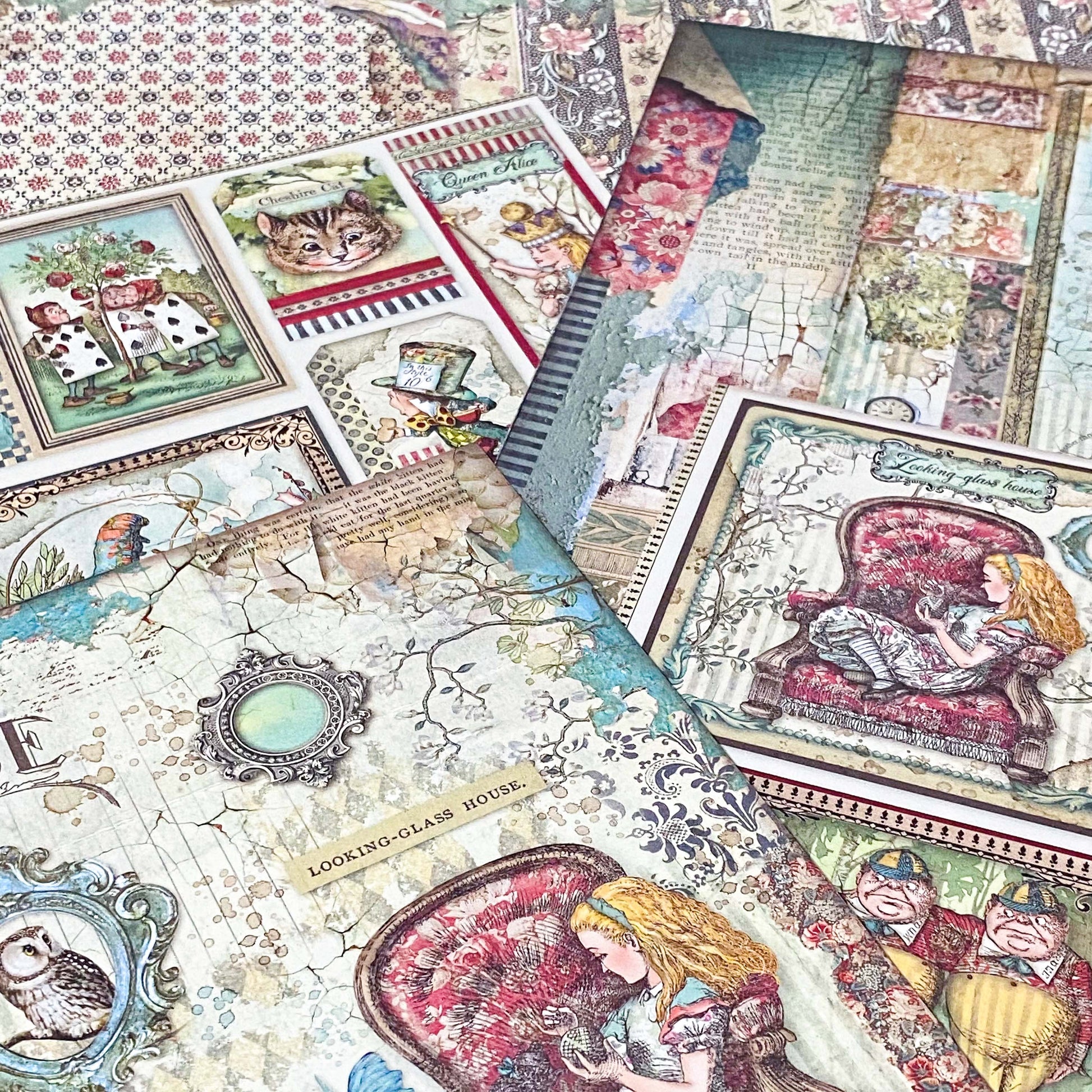 alice in wonderland thick scrapbooking paper 190gsm with vintage illustrations, tags, borders, teapots, chess boards and patterns