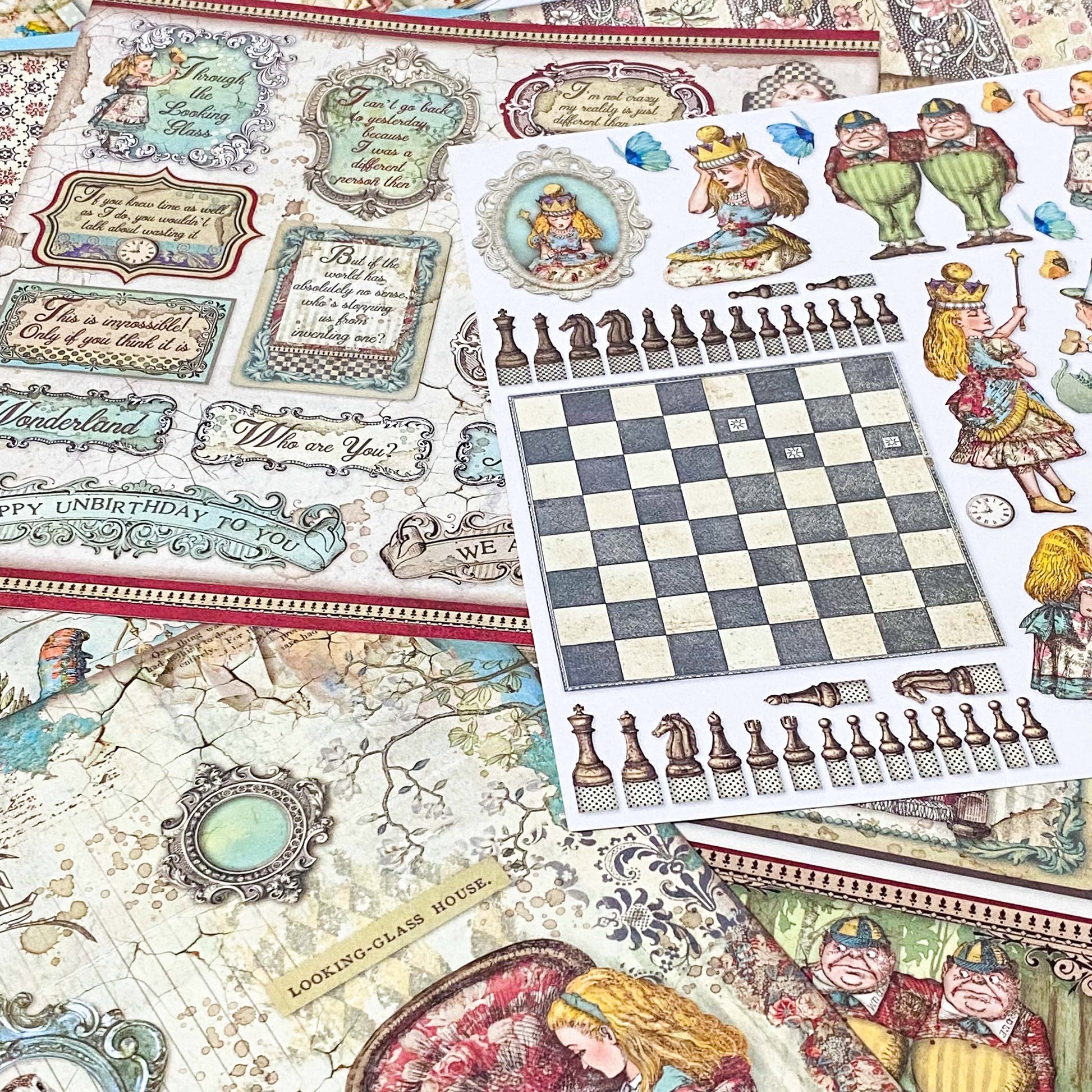 alice in wonderland thick scrapbooking paper 190gsm with vintage illustrations, tags, borders, teapots, chess boards and patterns