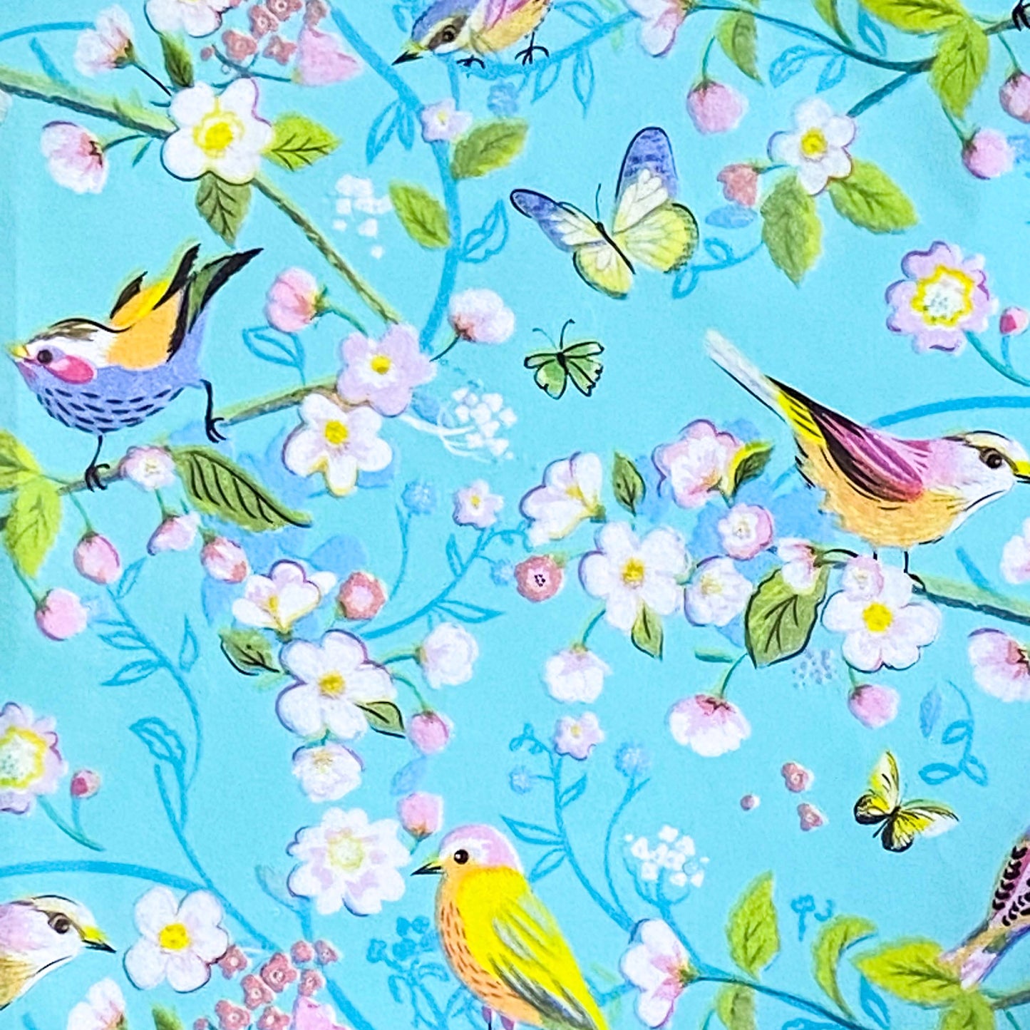 spring cherry blossom and little birds and butterflies. pretty aqua turquoise background. pink, light green and turquoise blue. uk packaging supplies