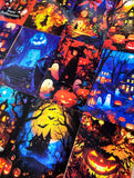 vibrant colourful art postcard postcards post card cards halloween spooky cute kawaii artwork uk stationery pack set bargain haunted house houses ghost ghosts witch witches pumpkin pumpkins orange blue black silhouette fun happy trick or treat