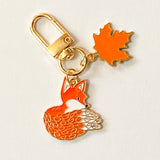 FOX & AUTUMN LEAF Enamel & Gold Metal KEYRING