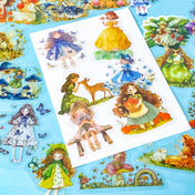 set of 50 clear fairytale stickers with princesses, fairy and woodland girl illustrations on blue background