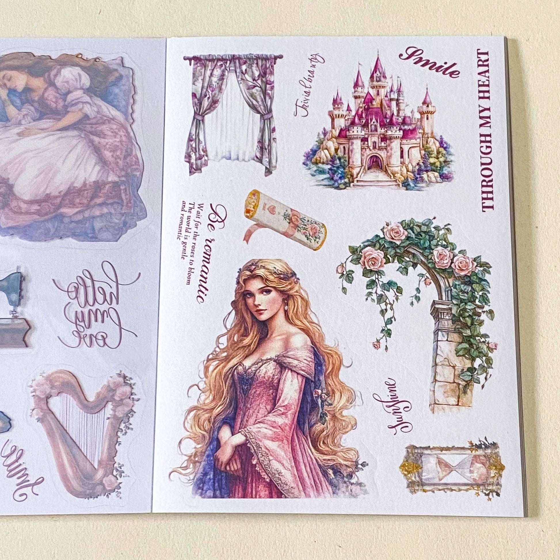 sleeping beauty fairytale desoctative pink and lilac sticker book of 18 washi paper and clear plastic stickers in a foilo