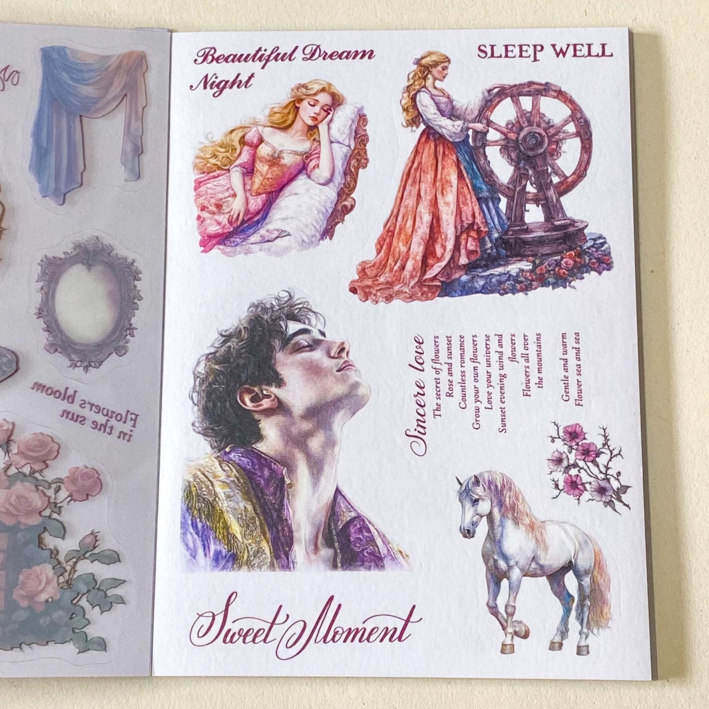sleeping beauty fairytale desoctative pink and lilac sticker book of 18 washi paper and clear plastic stickers in a foilo