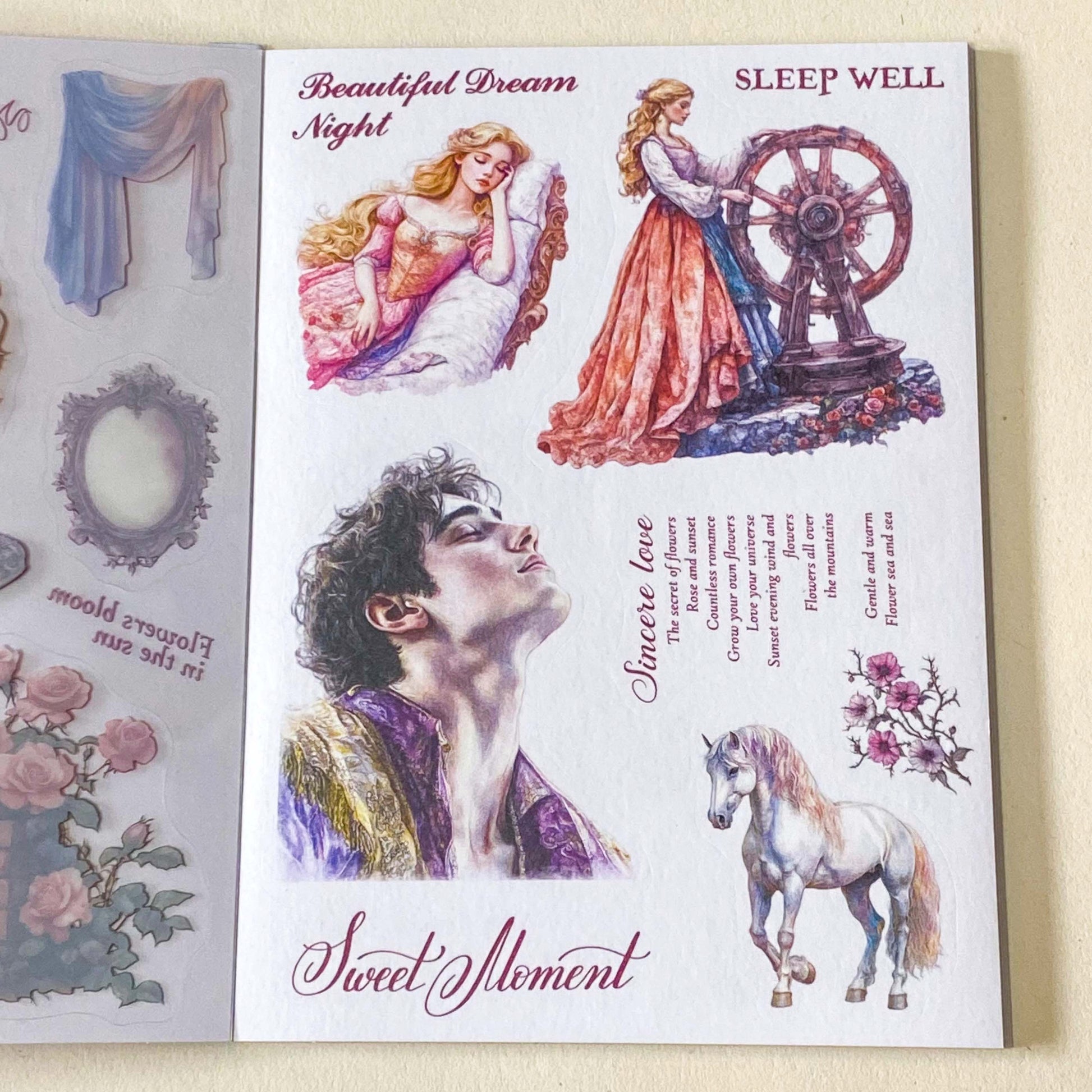 sleeping beauty fairytale desoctative pink and lilac sticker book of 18 washi paper and clear plastic stickers in a foilo
