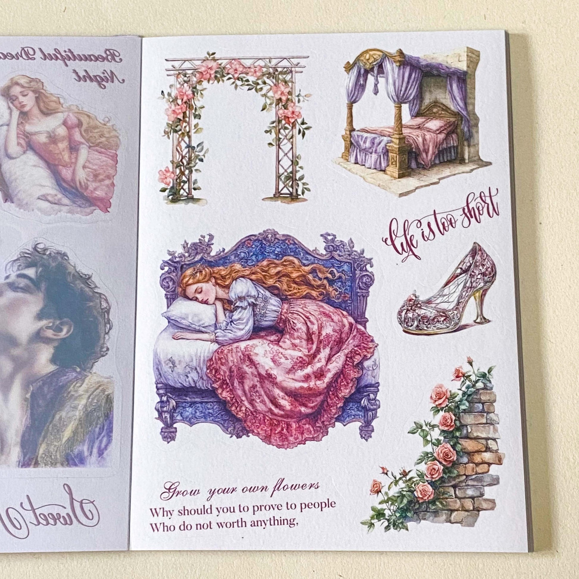 sleeping beauty fairytale desoctative pink and lilac sticker book of 18 washi paper and clear plastic stickers in a foilo