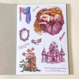sleeping beauty fairytale desoctative pink and lilac sticker book of 18 washi paper and clear plastic stickers in a foilo