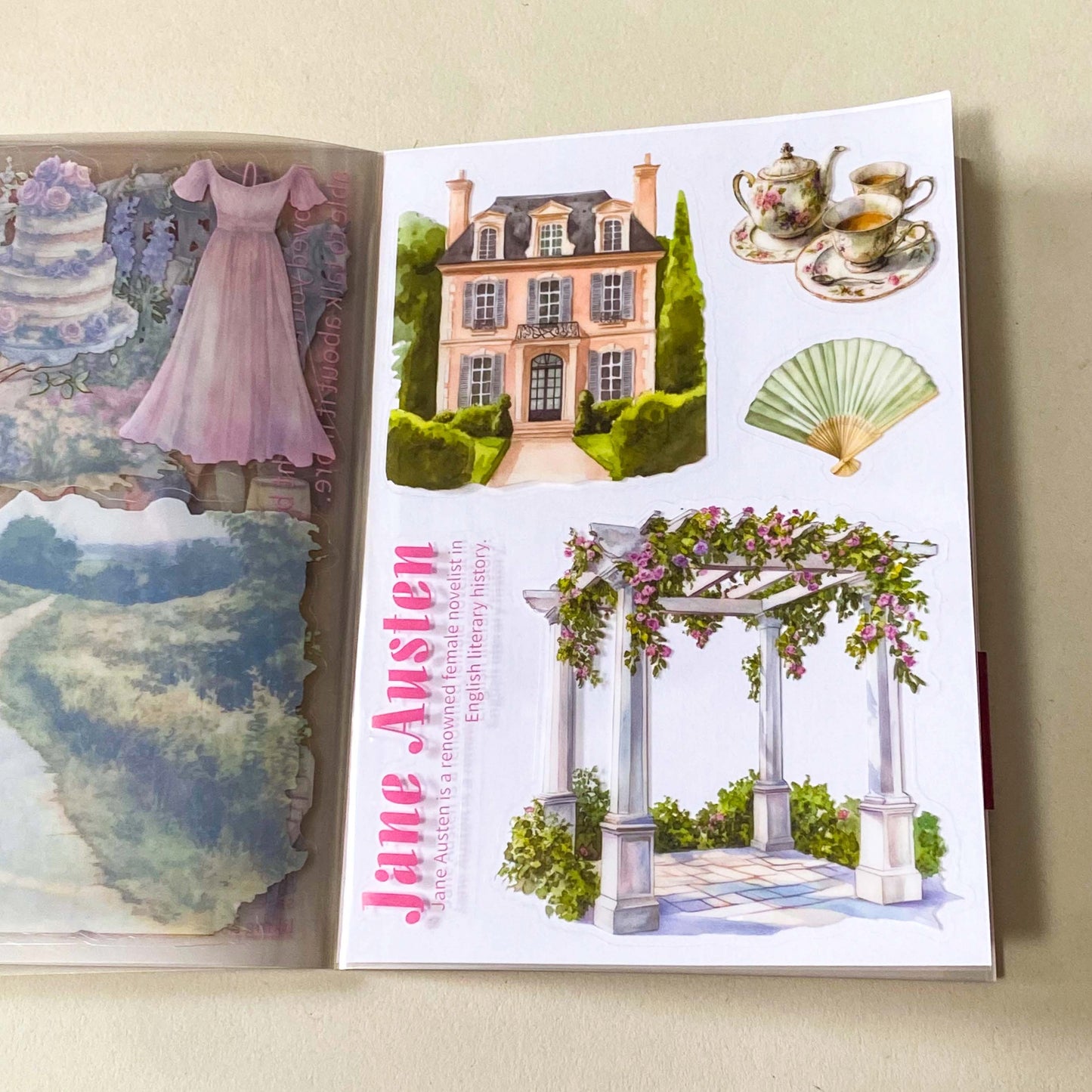 jane austen literary classic inspired book of 20 clear sticker sheets with vintage costume, houses, ladies and daily life