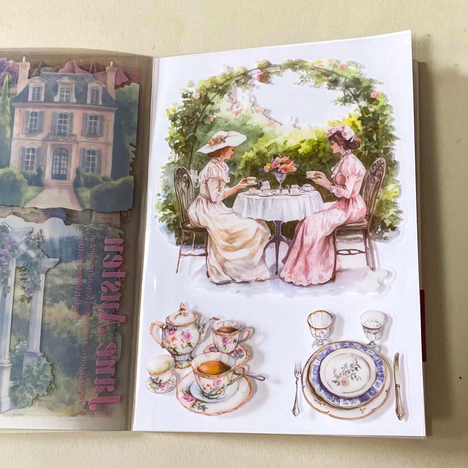 Jane Austen pride and prejudice inspired sticker folio of 20 sheets of clear stickers featuring regency costumes, characters, country houses, interiors and daily life.