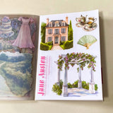 jane austen literary classic inspired book of 20 clear sticker sheets with vintage costume, houses, ladies and daily life
