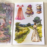 jane austen literary classic inspired book of 20 clear sticker sheets with vintage costume, houses, ladies and daily life
