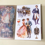 jane austen literary classic inspired book of 20 clear sticker sheets with vintage costume, houses, ladies and daily life