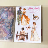 Jane Austen pride and prejudice inspired sticker folio of 20 sheets of clear stickers featuring regency costumes, characters, country houses, interiors and daily life.