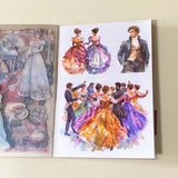 Jane Austen pride and prejudice inspired sticker folio of 20 sheets of clear stickers featuring regency costumes, characters, country houses, interiors and daily life.
