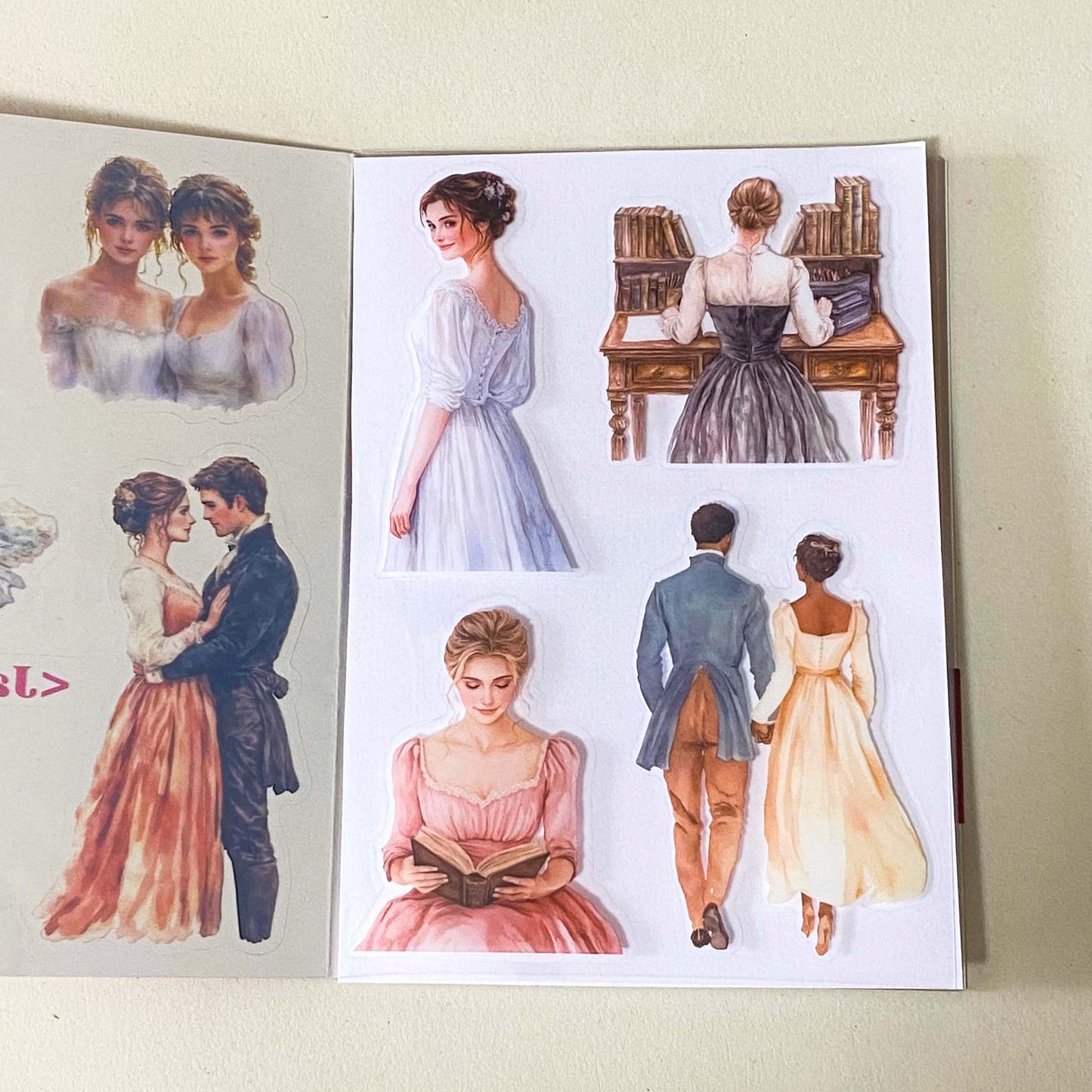 jane austen literary classic inspired book of 20 clear sticker sheets with vintage costume, houses, ladies and daily life