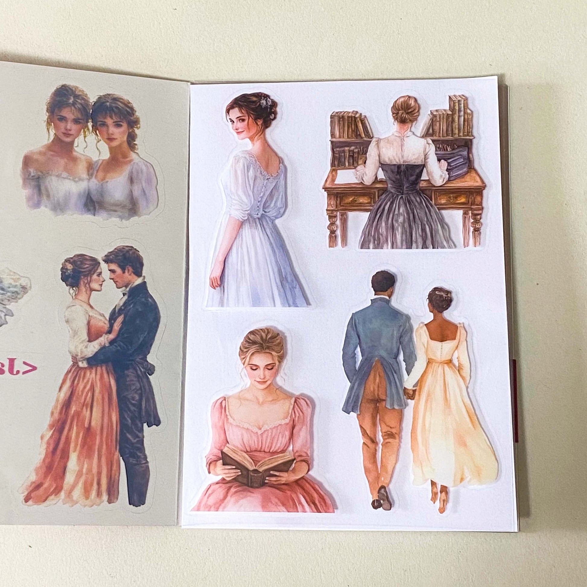 jane austen literary classic inspired book of 20 clear sticker sheets with vintage costume, houses, ladies and daily life