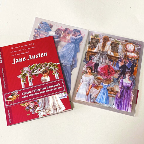 Jane Austen pride and prejudice inspired sticker folio of 20 sheets of clear stickers featuring regency costumes, characters, country houses, interiors and daily life.