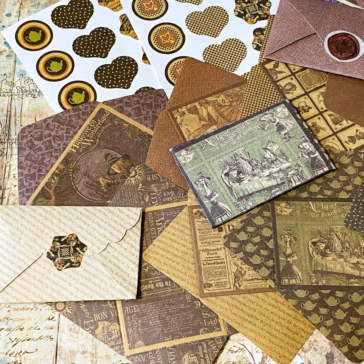 retro vintage alice in wonderland halloween style envelope kit to make your own decorative mini envelopes with paper and sticker seals