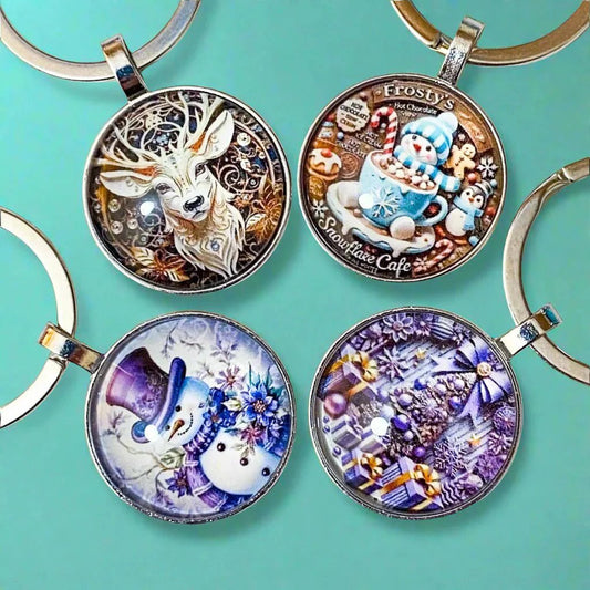 glass cabochon bezel dome domed key keyring keyrings keychain silver metal cute kawaii christmas festive design lilac purple turquoise deer reindeer snowman hot chocolate tree presents gift gifts stocking filler fillers 