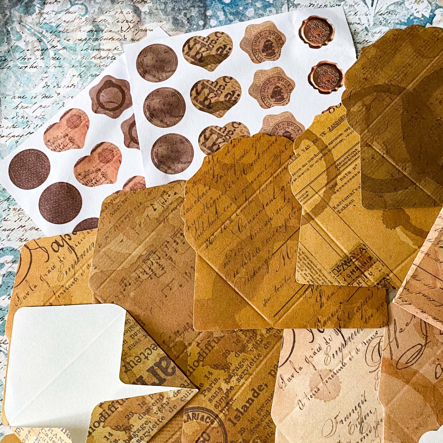 vintage mini envelope scrapbooking kit with sticker seals, brown antique paper textures ephemera