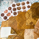 vintage mini envelope scrapbooking kit with sticker seals, brown antique paper textures ephemera