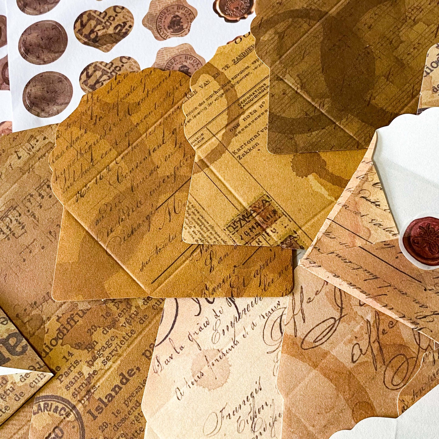 vintage mini envelope scrapbooking kit with sticker seals, brown antique paper textures ephemera